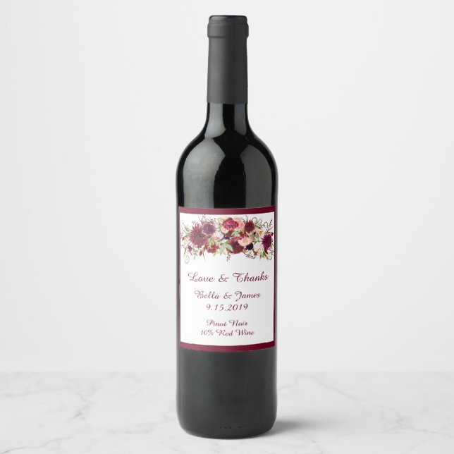 Marsala Red Floral Boho Wedding Wine Labels Weinetikett (Vorderseite)