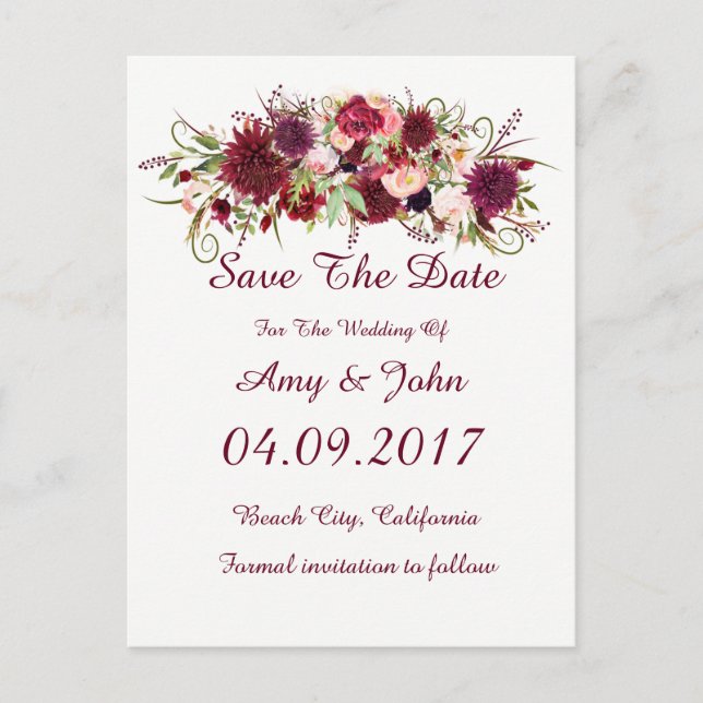 Marsala Red Floral Wedding Save the Date Postcard Ankündigungspostkarte (Vorderseite)