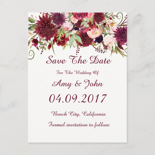 Marsala Red Floral Wedding Save the Date Postcard Ankündigungspostkarte (Vorderseite)