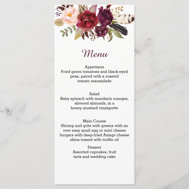 Marsala Red White Roses Boho Feathers Menu Menükarte (Vorderseite)