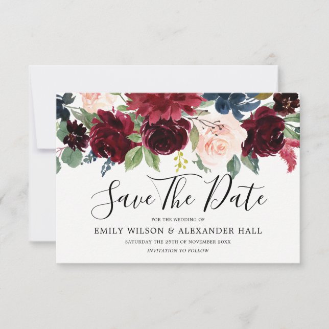 Marsala Red Wine Burgundy Blume Hochzeit Save The Date (Vorderseite)