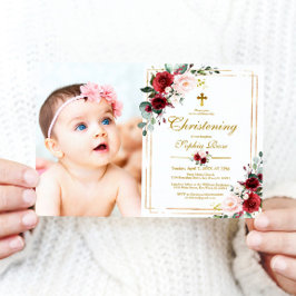 Marsala Rose & Gold Frame Foto Girl Christening Einladung