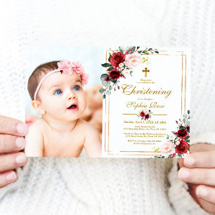 Marsala Rose & Gold Frame Foto Girl Christening Einladung