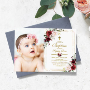 Marsala Rose & Gold Frame Photo Girl Baptism Einladung