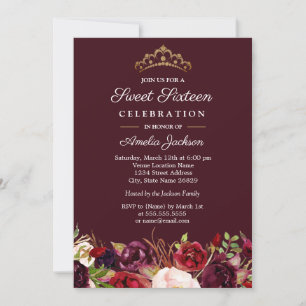 Marsala Rot Burgund Floral Süße 16 Einladung