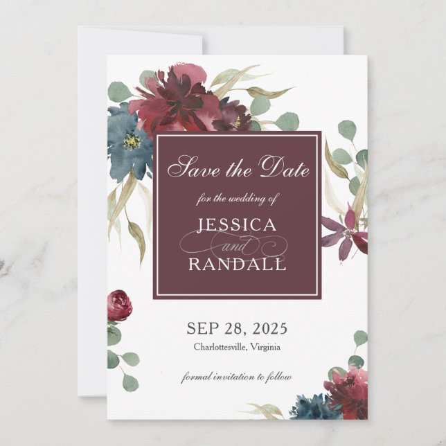 Marsala Rot und Navy Blumenhochzeit retten das Dat Save The Date (Vorderseite)