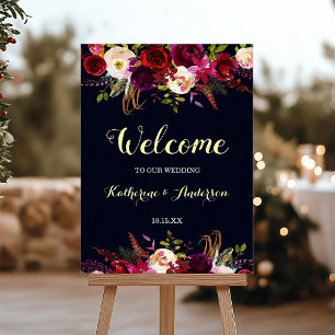 Marsala Rustic Boho Floral Begrüßung Hochzeit Poster