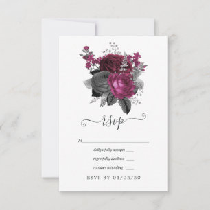 Marsala, Schwarz und Silber Hochzeit mit Blumen RSVP Karte