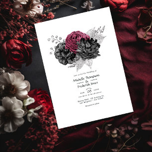 Marsala, schwarze und silberne florale Hochzeit Einladung