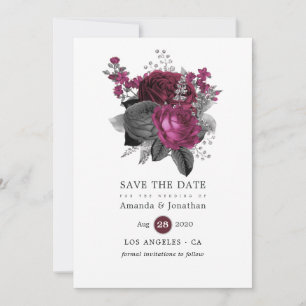 Marsala, Schwarze und Silberne Florale Hochzeit Save The Date
