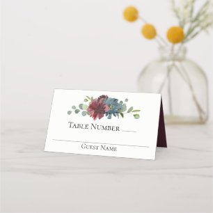 Marsala und Blue Watercolor Floral Wedding Platzkarte