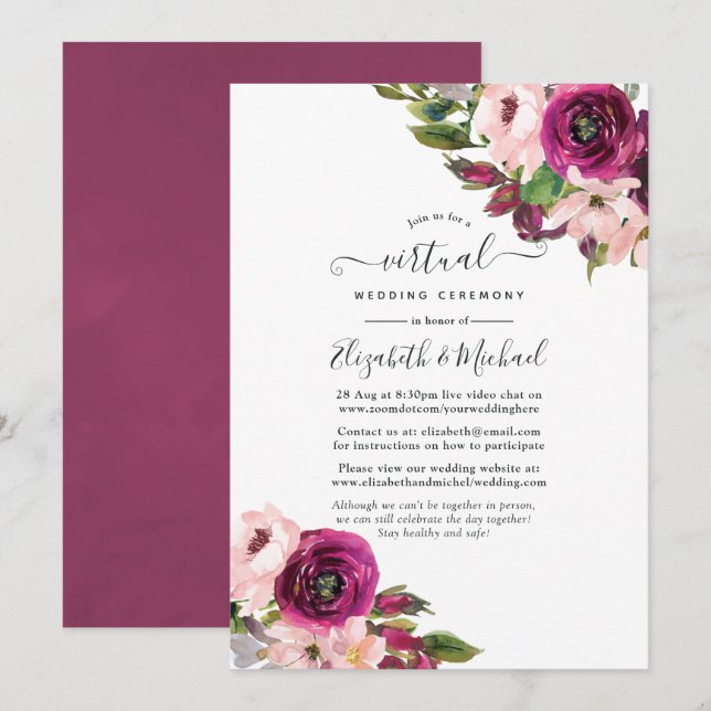 Marsala und Blush Bloral Online Virtual Wedding Einladung (Vorne/Hinten)