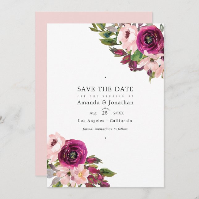 Marsala und Blush Bloral Wedding Save The Date (Vorne/Hinten)