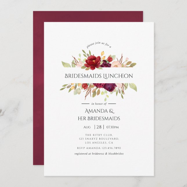 Marsala und Blush Floral Bridesmaids Luncheon Einladung (Vorne/Hinten)