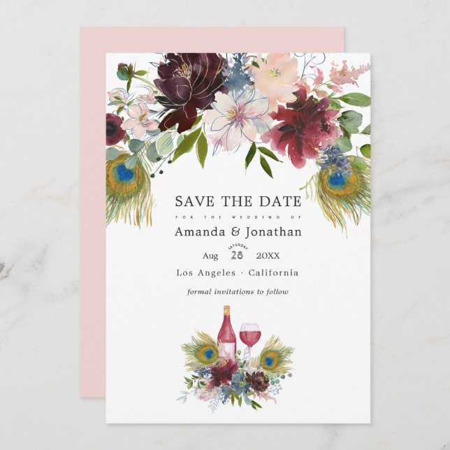 Marsala und Blush Floral Wedding Rett T Save The Date (Vorne/Hinten)
