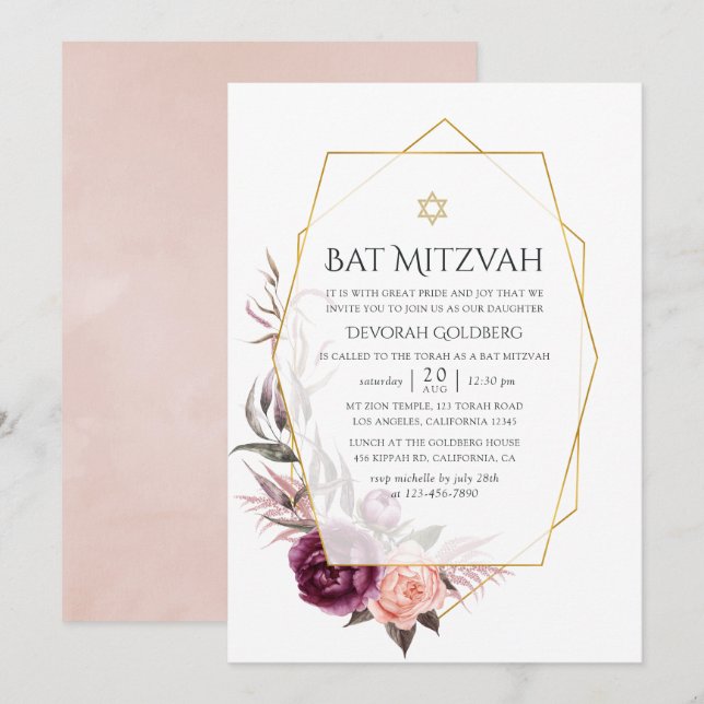 Marsala und Blush Geometric Bat Mitzvah Einladung (Vorne/Hinten)
