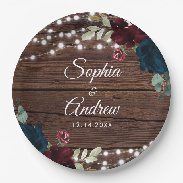 Marsala und Navy Rustic Wood Wedding Pappteller (Vorderseite)