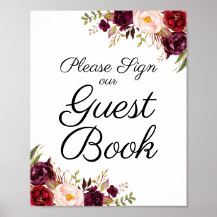 Marsala und Pink Floral Wedding Guest Book Sign Poster