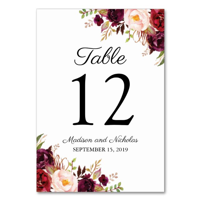 Marsala und Pink Floral Wedding Tischnummer Cards (Vorderseite)