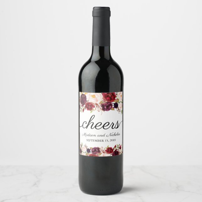 Marsala und Pink Floral Wedding Wine Labels Weinetikett (Vorderseite)