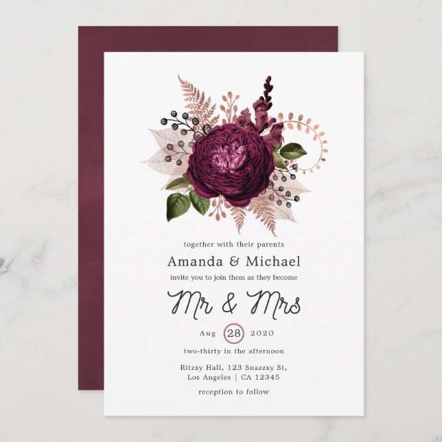 Marsala und Rose Einladung (Vorne/Hinten)