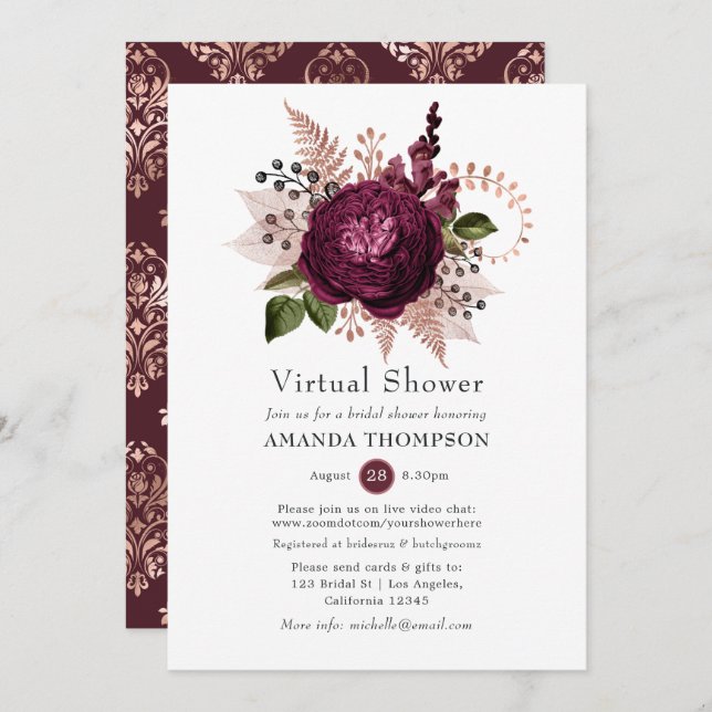 Marsala und Rose Gold Floral Virtual Dusche Einladung (Vorne/Hinten)