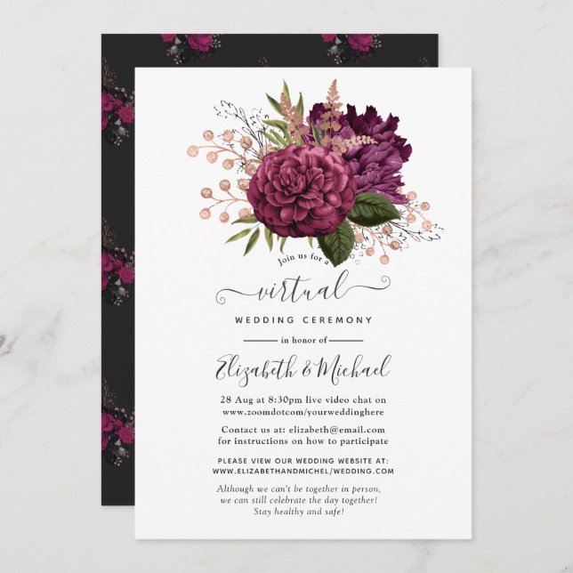 Marsala und Rose Gold Floral Virtual Wedding Einladung (Vorne/Hinten)