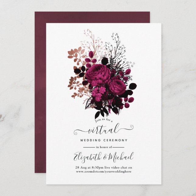 Marsala und Rose Gold Floral Virtual Wedding Einladung (Vorne/Hinten)