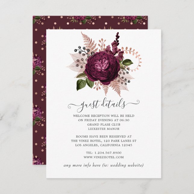 Marsala und Rose Gold Floral Wedding Details Begleitkarte (Vorne/Hinten)