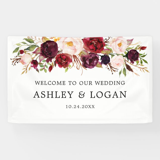 Marsala Watercolor Floral Wedding Willkommen Banner (Horizontal)