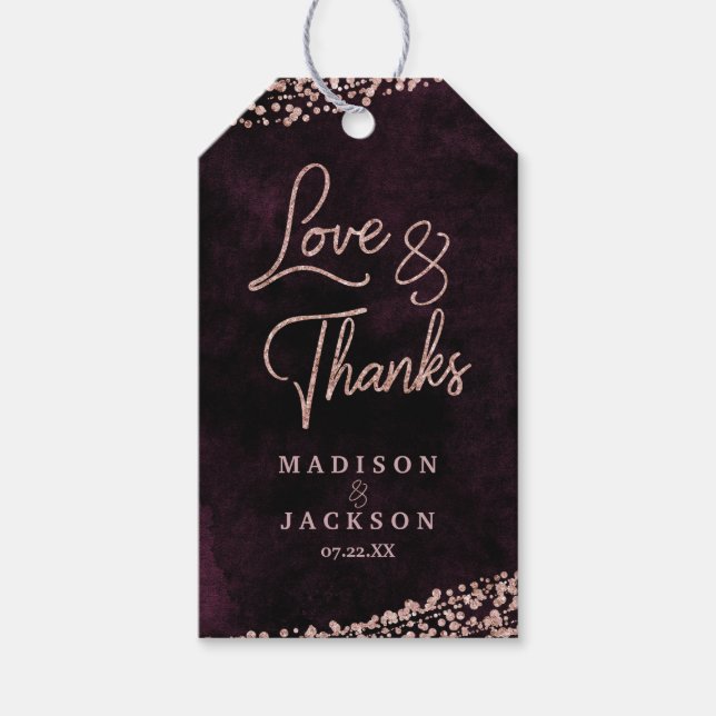 Marsala Wine & Rose Gold Wedding Liebe & Danke Geschenkanhänger (Vorderseite)
