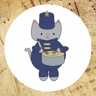 Marschierendes Band Katze Trommel Navy Blau Gold Runder Aufkleber