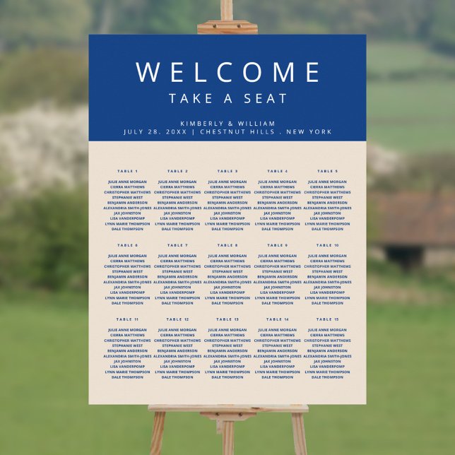 Marseille Bleu 15 Table Chic Wedding Seating Chart Poster (Marseille Bleu Modern Wedding Seating Chart for 15 tables / 150 guests)