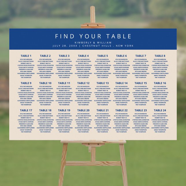 Marseille Bleu 24 Table Chic Wedding Seating Chart Poster (Marseille Bleu Modern Wedding Seating Chart for 24 tables / 240 guests)