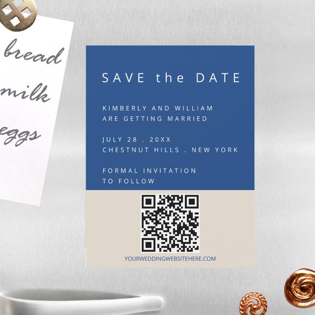 Marseille Bleu Eindeutiger QR-Code Save the Date e Magneteinladung (Marseille Bleu Modern Wedding Save The Date Magnetic Card With QR Code)