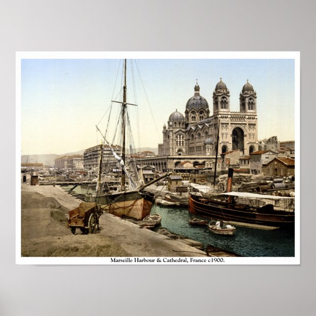 Marseilles Harbour & Cathedral 1900 antique Frankr Poster (Vorne)