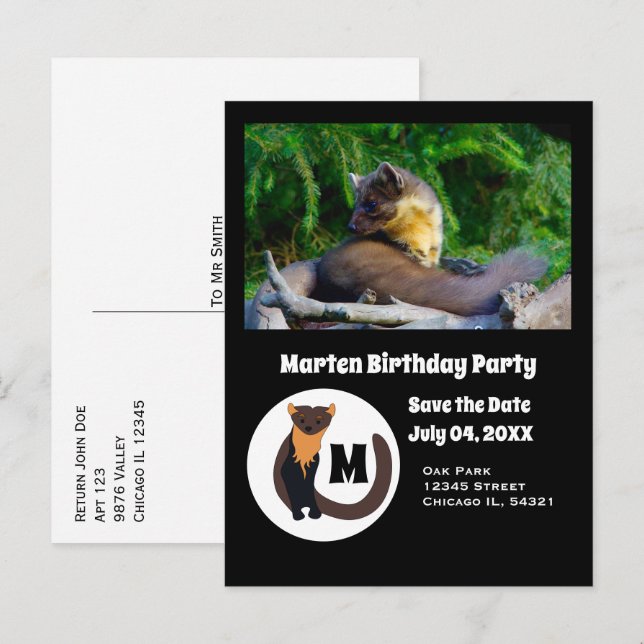 Marten Birthday Party Foto Monogram Einladungspostkarte (Vorne/Hinten)