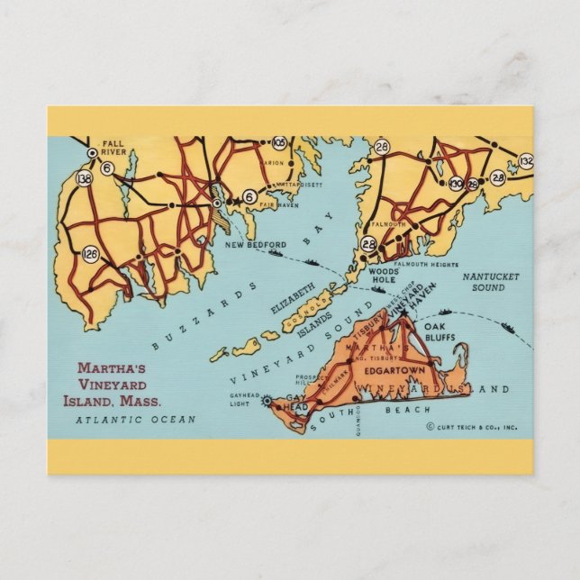 Martha's Vineyard Küstenkarte Postkarte (Vorderseite)