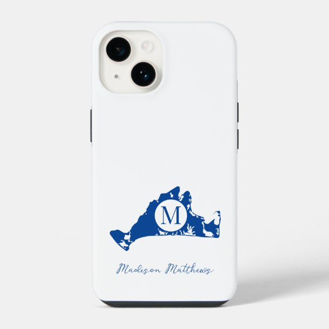 Martha's Vineyard Simple Map Monogram Blue Name iPhone Hülle (Rückseite)