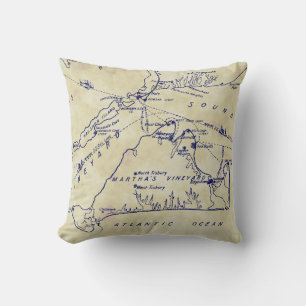 Martha's Vineyard Vintag Map #1 Navy Blue Tea Stn Kissen