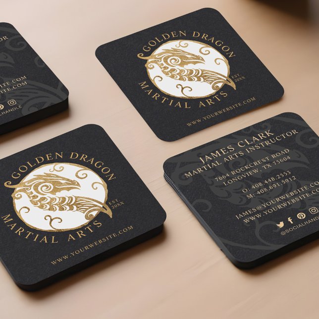Martial Arts/Karate Golden Dragon Medallion Logo Quadratische Visitenkarte (Martial Arts/Karate Golden Dragon Medallion Logo Square Business Card)