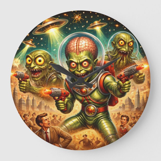Martian Mayhem Retro Sci-Fi Große Wanduhr (Vorderseite)