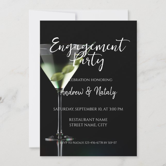 Martini-Cocktail auf schwarz Einladung (Vorderseite)