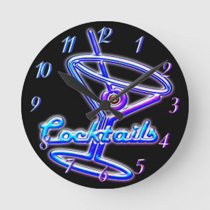 Martini-Cocktail Retro-Neon-Look-Schild Vintage-Ba Runde Wanduhr