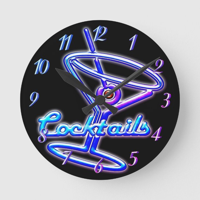 Martini Cocktail Retro Neonlook Schild Vintag Bar Runde Wanduhr (Vorderseite)