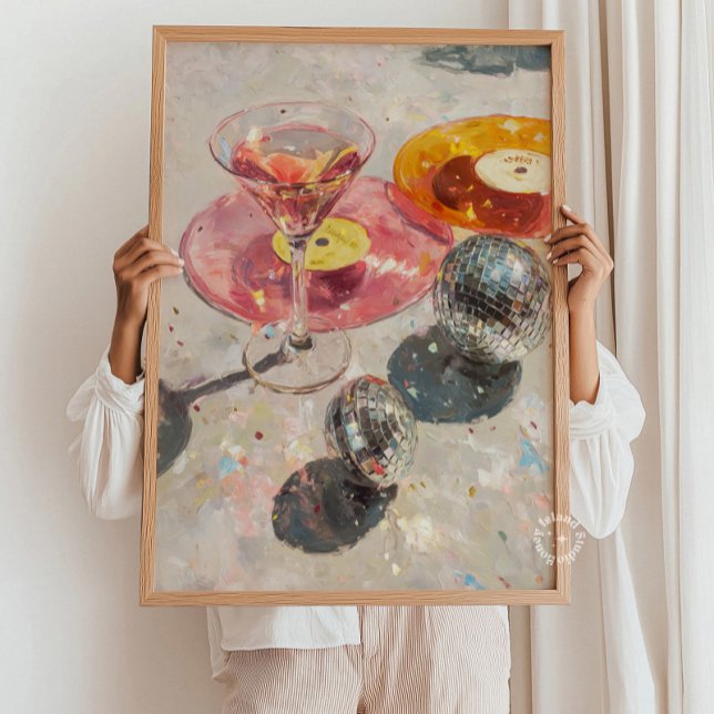 Martini & Disco Ball Kunstprint: Hellrosa Barwagen Poster (Martini & Disco Ball Art Print: Light Pink Bar Car Poster)