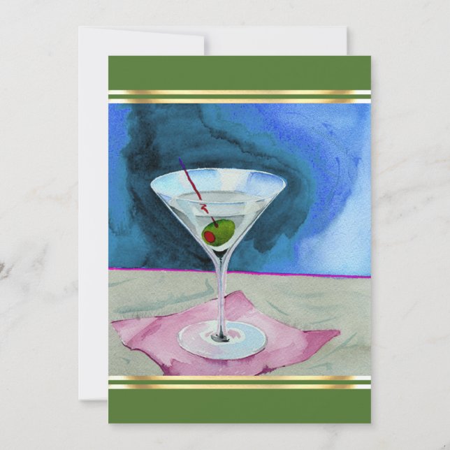 Martini Glass mit Olive Cocktail Party Blau Einladung (Rückseite)