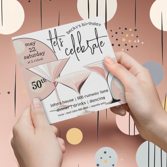 Martini Retro | Rosa | Elfenbein | Muster Einladung (Martini retro blush pink 50th birthday party customizable invitation. )