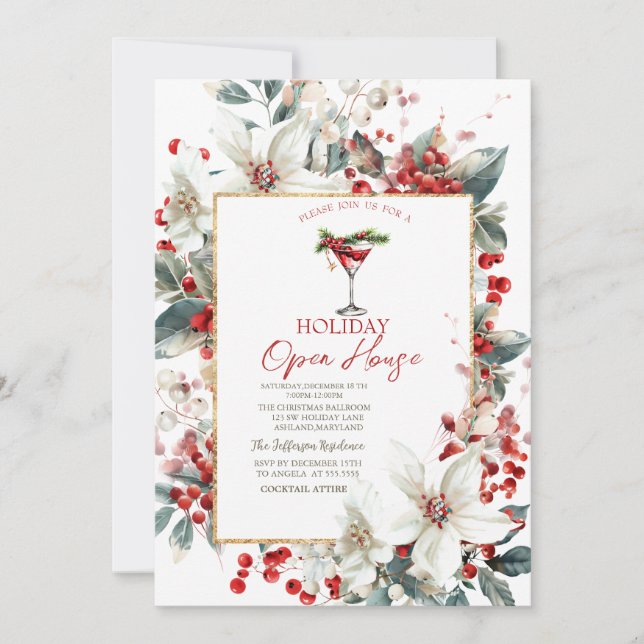Martini White Poinsettia Holiday Open House Einladung (Vorderseite)