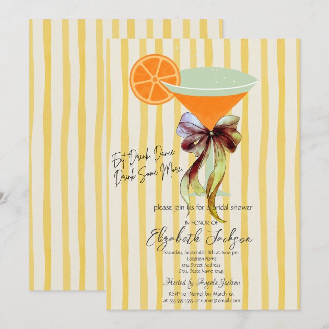 Martini Yellow Stripes Bow Bridal Shower  Einladung (Vorne/Hinten)